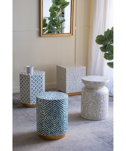 Round Mother of Pearl Inlay MDF Side Table Seashell Hand Work Glossy Finish Chevron Pattern Contemporary Design <b>Storage</b> Decor - Product Image 4