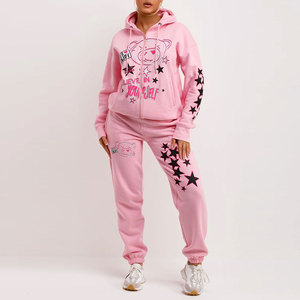Ensemble de survêtement rose à capuche pour femme avec imprimé ours et étoiles, fermeture éclair sur toute la longueur, vêtements de sport décontractés - Product Image 6