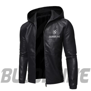 BLOODLINE Men's Black PU <b>Leather</b> Hooded <b>Jacket</b> Slim Fit Moto Biker Style Zipper Closure Autumn Wear - Product Image 4