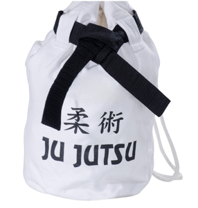 Sac de Jiu-Jitsu en coton tissé perlé blanc personnalisable avec ceinture noire et motif Kanji, capacité 50-70L, haute qualité - Product Image 1