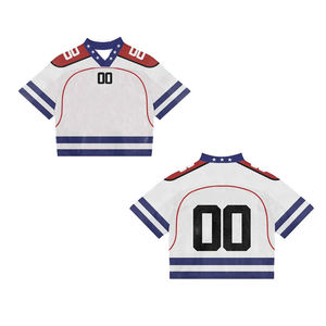 Maillot de hockey sur glace personnalisé sublimé blanc rouge bleu en mesh col en V manches courtes unisexe adulte respirant vêtements de sport - Product Image 1