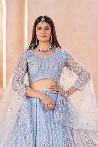 <b>Light</b> Blue Embroidered Lehenga Choli Women's Traditional Wedding Dress Floor-Length Regular Fit India Pakistan Style - Product Image 5