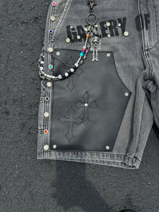 Shorts en jean baggy pour homme, style streetwear, avec logo personnalisé imprimé, patch en cuir, broderie, délavage vintage, strass James - Product Image 2