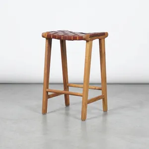 Modern Teak Wood Rectangle <b>Bar</b> <b>Stool</b> with Slat <b>Back</b> Durable Minimalist Design for Home <b>Bar</b> Furniture by Tacco - Product Image 6