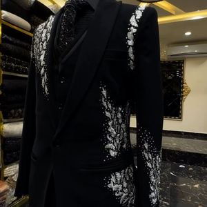 Men’s Black Designer Tuxedo Suit with Silver Embroidery – Wedding Party <b>Blazer</b> with Shawl Lapel & Vest - Product Image 1