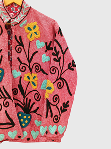 Pink Hand Embroidered Floral Jacket With Mandarin Collar Lantern Sleeve Plus Size Women's Spring <b>Blazer</b> - Product Image 2