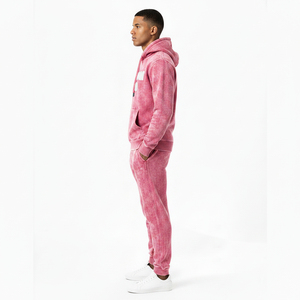Custom Logo <b>Pink</b> Acid Wash Winter Tracksuit Men Heavyweight Fleece Breathable Windproof <b>Hoodie</b> Jogger Set OEM Service - Product Image 3
