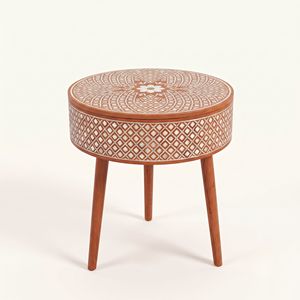 Mesita de Noche Redonda de Nácar Naranja con 1 Cajón, Incrustaciones Florales, Mueble de Dormitorio de Lujo Hecho a Mano - Product Image 2