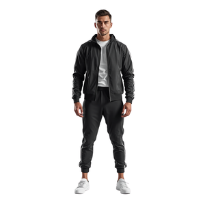 Survêtement noir à capuche pour homme, fermeture éclair intégrale, poches latérales, style sportif, respirant, en polyester, pour l'automne - Product Image 1
