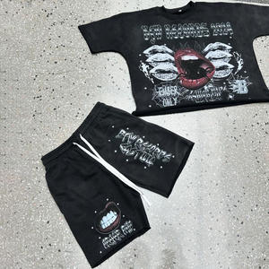 เสื้อยืดครอปพิมพ์ลาย DTG ทรงบ็อกซี่แบบวินเทจ ล้างสีด้วยกรด ผลิตตามสั่ง OEM ชุดเสื้อยืดแขนสั้นและกางเกงขาสั้น ชุดสตรีทแวร์ฮิปฮอปสำหรับผู้ชาย ฤดูร้อน - Product Image 5