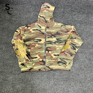 Sweat à capuche zippé personnalisé imprimé camouflage brodé, patchwork, 100% coton, tissu French Terry, double couche, respirant, écologique - Product Image 1