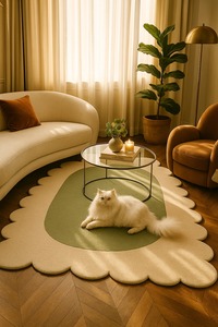 Artistic green and white hand tufted Wool Rug Handmade High-Low Textured <b>Carpet</b> for Contemporary Interiors - Product Image 4