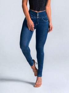 Jean en denim taille haute skinny pour femme, longueur intégrale, couleur unie, boutons sur le devant, style décontracté, mélange coton et élasthanne, collection printemps - Product Image 1