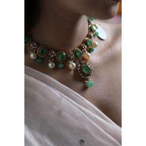 Ensemble collier ras-de-cou et boucles d'oreilles en argent sterling 925 avec pierre précieuse verte et perles blanches, bijoux de mode pour femmes, mariage - Product Image 3