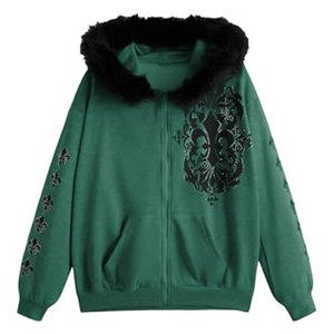 Sudadera con capucha de mujer a la moda con cremallera completa y pedrería brillante, estilo urbano - Product Image 1