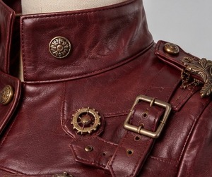 Women's <b>Burgundy</b> Maroon <b>Leather</b> <b>Jacket</b> Full Sleeve Stand Collar Button Closure - Product Image 4