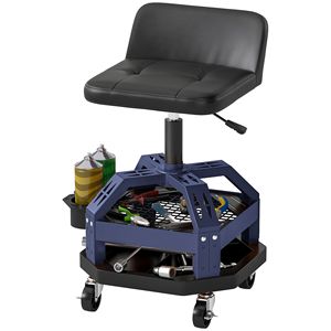 Sgabello da Officina Blu Regolabile in Altezza con Ruote Girevoli a 360 Gradi, Capacità 136 kg, Vassoio Porta Attrezzi per Meccanici - Product Image 1