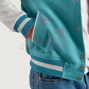 Chaqueta Letterman Verde Menta Directo de Fábrica, Tela Ligera, Cuello Acanalado, Ropa Casual Cómoda - Product Image 5
