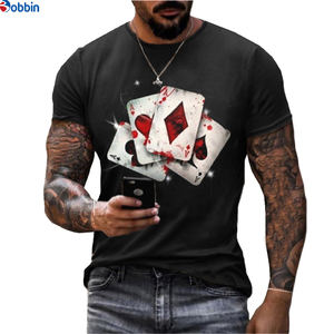 T-shirt noir personnalisé pour homme avec impression de cartes de poker, col rond, manches courtes, jersey décontracté en coton, coupe classique, impression photo - Product Image 5
