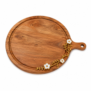 Wood Charcuterie Board Cheese Serving Platter with <b>Floral</b> Metal Accent Handcrafted Wooden Serving Tray with Handle for Hotel - Product Image 3