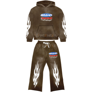 Premium Cotton ACID Wash Flared Tracksuit Sun Fade Silk Screen Printing Custom Logo Baggy Pant Sweat suit Two-piece Oversized - Product Image 3