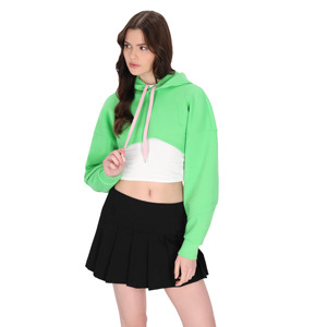 Sweat-shirt décontracté à capuche pour femme, coupe courte, couleur contrastée vert et blanc, épaules tombantes, manches longues, en coton tricoté et fibre de bambou, idéal pour le printemps - Product Image 1