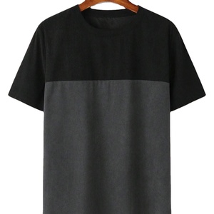 Men's Short Sleeve O-Neck Knitted T-Shirt Color Blocked Contrast Trim Regular Fit Casual Solid <b>Black</b> and Gray Cotton <b>Top</b> - Product Image 1