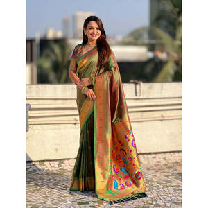 Sari Paithani vert paon Mehendi avec tissage Zari, vêtements indiens et pakistanais - Product Image 6