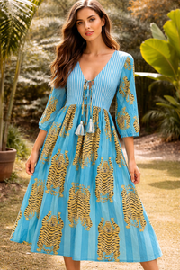 Vestido Midi con Estampado de Rayas Azules para Mujer, Cuello Profundo con Lazos, Estilo Bohemio, Ropa Casual de Verano - Product Image 2