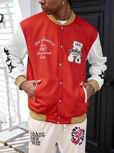 Red & White College Baseball <b>Jacket</b> for <b>Men</b> with Contrast Star Arm Design Varsity Style Streetwear Outerwear <b>Warm</b> Winter Fashion - Product Image 2