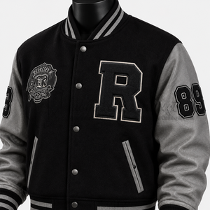 Custom Men’s Varsity Letterman <b>Jacket</b> Black Wool Grey PU Leather Sleeves Bomber <b>Jacket</b> Wholesale - Product Image 5