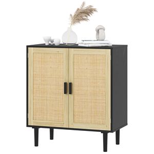 Credenza Nera Bohemien da 80 cm con 2 Ante in Rattan e Ripiani per Soggiorno o Corridoio - Product Image 1