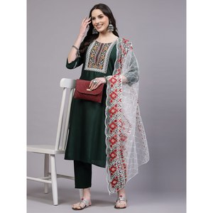 FANCY <b>VISCOSE</b> RAYON EMBROIDERY SEQUENCE WORK <b>TOP</b> BOTTOM WITH DUPATTA GREEN - Product Image 1