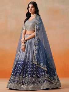 Blue Organza Embroidered <b>Lehenga</b> With Crop Top And Dupatta For Bridesmaid - Product Image 2