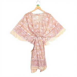 Vestido Casual Ligero y Ecológico, 100% Algodón Puro, Cuello en V, Estilo Kaftan, Estampado Floral Bohemio, Manga Corta - Product Image 1