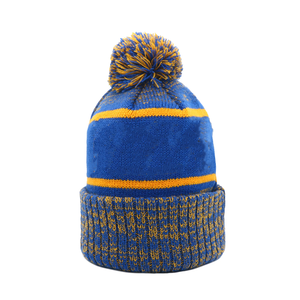 Ensemble bonnet et écharpe longs en tricot rayé bleu roi et or Sigma Rho, style universitaire, avec pompon et franges, unisexe - Product Image 6