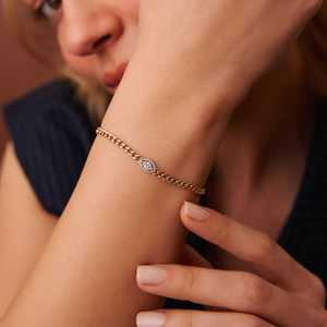 Pulsera de Oro de 14k con Cadena de Eslabones Tipo Curb, Diamante Natural en Forma de Marquesa con Engaste de Ilusión, Joyería Fina de Diseñador al por Mayor - Product Image 2