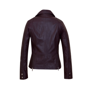 Chaqueta de Moto de Cuero Genuino Transpirable de Secado Rápido para Mujer, Cuello Camisero, Cierre de Cremallera, Manga Larga, Color Sólido, Estilo Invernal - Product Image 2