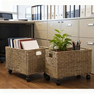 Set of 2 woven seagrass <b>baskets</b> with wheels Handmade <b>Storage</b> <b>Basket</b> Wholesale eco-friendly Made in Vietnam - Product Image 5