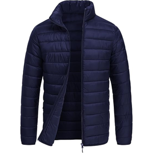 Veste matelassée pour homme, bleu marine, col montant, coupe-vent, fermeture éclair, style décontracté, vêtement d'hiver, rembourrage en polyester, coupe régulière - Product Image 1