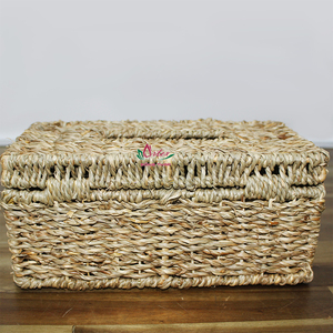 Boîte à mouchoirs rectangulaire moderne en jonc de mer naturel, avec support en fer, panier distributeur tressé pour la maison – Meilleure vente - Product Image 3
