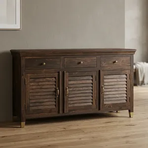 Buffet en bois à 3 panneaux avec tiroirs, design rustique pour salon, salle à manger, meubles de maison - Product Image 6