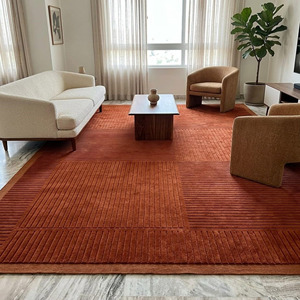 Alfombra de Lana 100% Hecha a Mano de Lujo |   Alfombra Nórdica Minimalista Tallada |   Alfombra de Hotel de Lujo de Pelo Grueso Color Naranja Quemado - Product Image 5