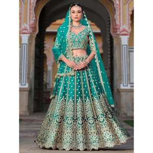 Teal Green <b>Sequins</b> Net Wedding Lehenga Choli Set with Dupatta for Women - Product Image 1