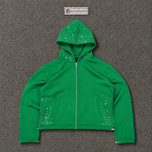 Sweat à capuche zippé vert orné de strass, coupe oversize, style streetwear, personnalisé, entièrement zippé, mode décontractée - Product Image 5