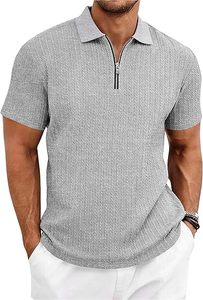Mens Quarter <b>Zip</b> Polo <b>Shirts</b> Casual Summer Knit Textured Short Sleeve <b>Shirt</b> Beach Vacation Stretchy Golf <b>Shirts</b> - Product Image 1
