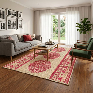 Alfombra de Yute Estampada a Mano, Alfombra Floral Tradicional Ecológica y Natural para Sala de Estar y Dormitorio - Product Image 1
