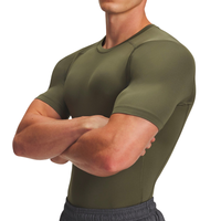 Haut de compression d'entraînement pour homme en polyester/coton tricoté, respirant, léger, extensible, anti-boulochage, à manches courtes et col en V, coupe classique