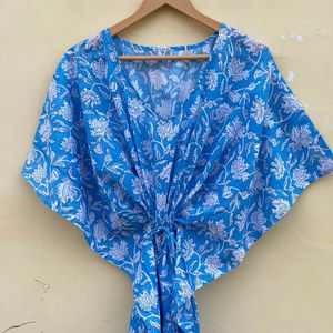 Bata Kimono con Estampado de Dibujos Animados para Mujer, 100% Algodón, Camisón de Verano Hecho a Mano, Cuello en V, Cintura Elástica, Largo hasta la Rodilla - Product Image 1