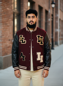 Custom Men's Melton Wool Varsity <b>Jacket</b> with Leather Sleeves Patchwork Design Stand <b>Collar</b>-Windproof & Waterproof Wholesale - Product Image 5